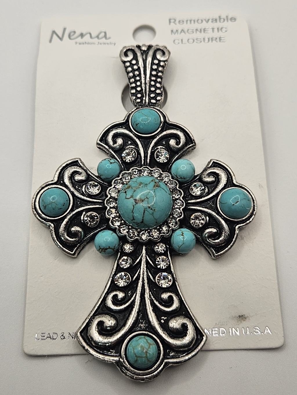 Large Southwestern Style Faux Turquoise Cross Pendant Magnetic Closure Nena